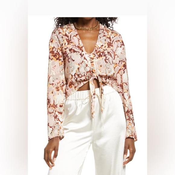 Open Edit Tops - Elegant Floral Tie-Front Blouse